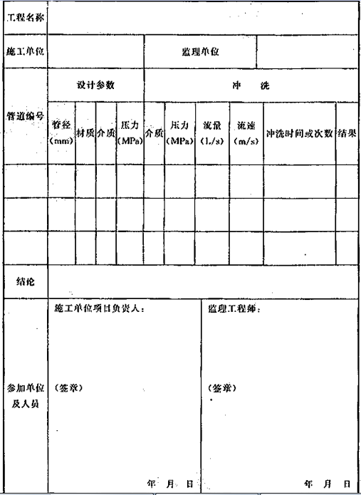 表D.0.5 系统施工过程中的管道冲洗记录  