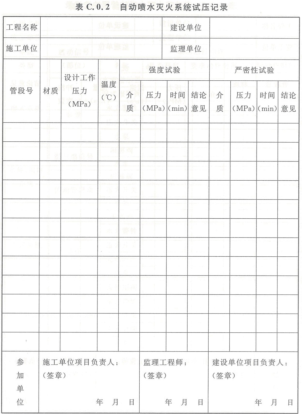 表C.0.2 自动喷水灭火系统试压记录