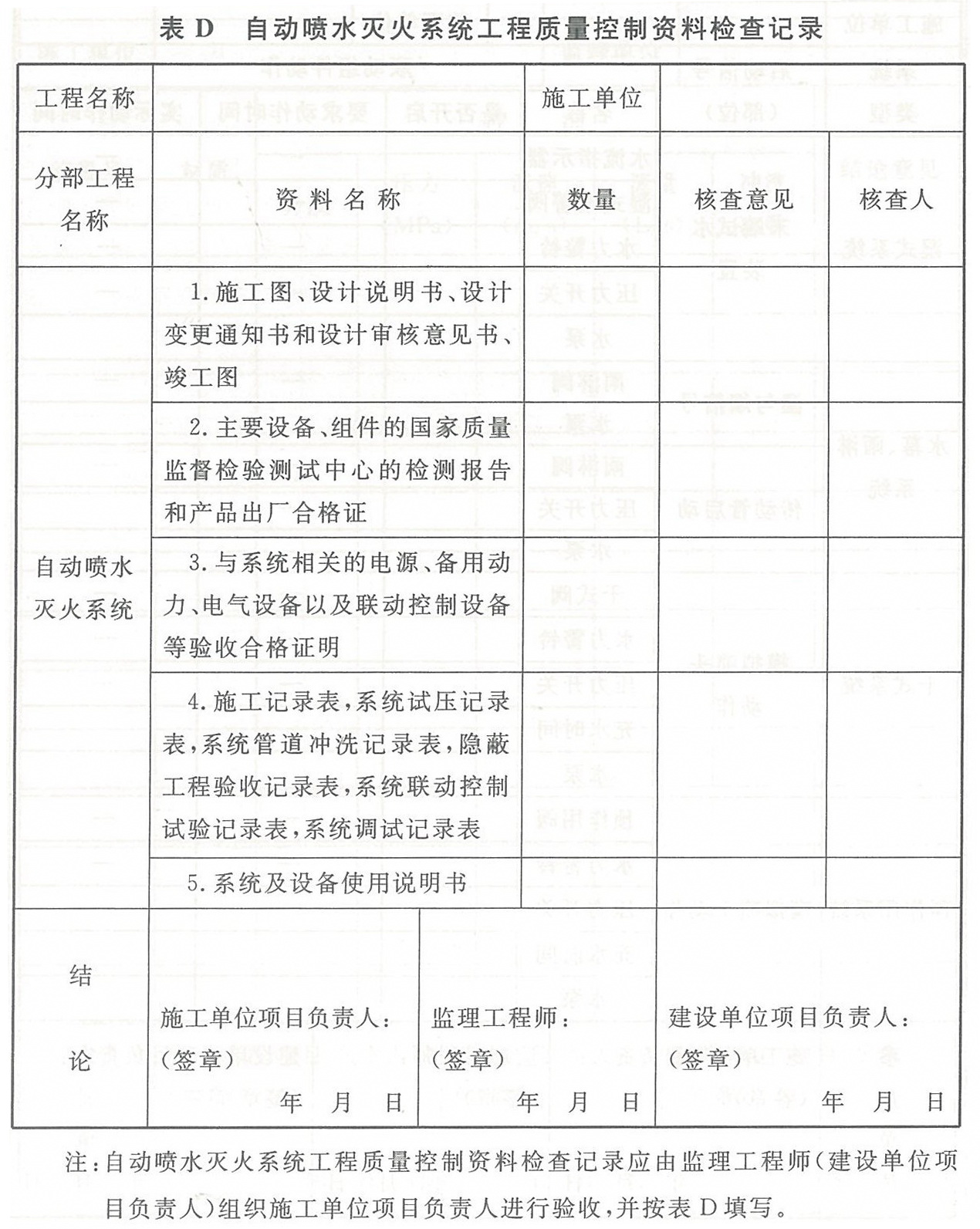 表D 自动喷水灭火系统工程质量控制资料检查记录