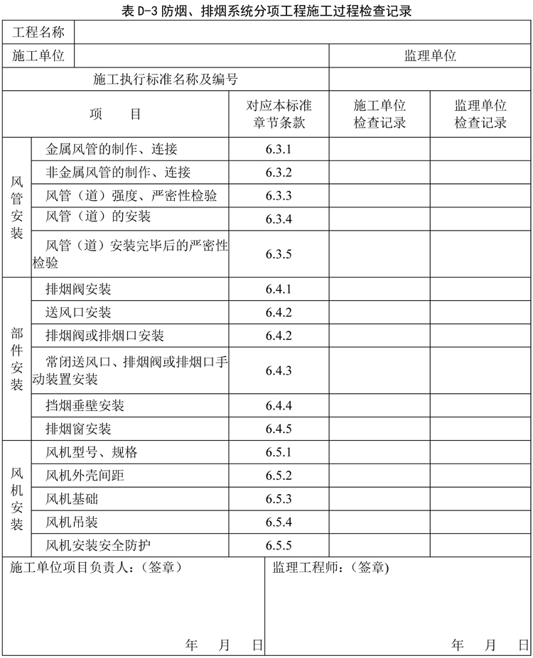 表D-3 防烟、排烟系统分项工程施工过程检查记录